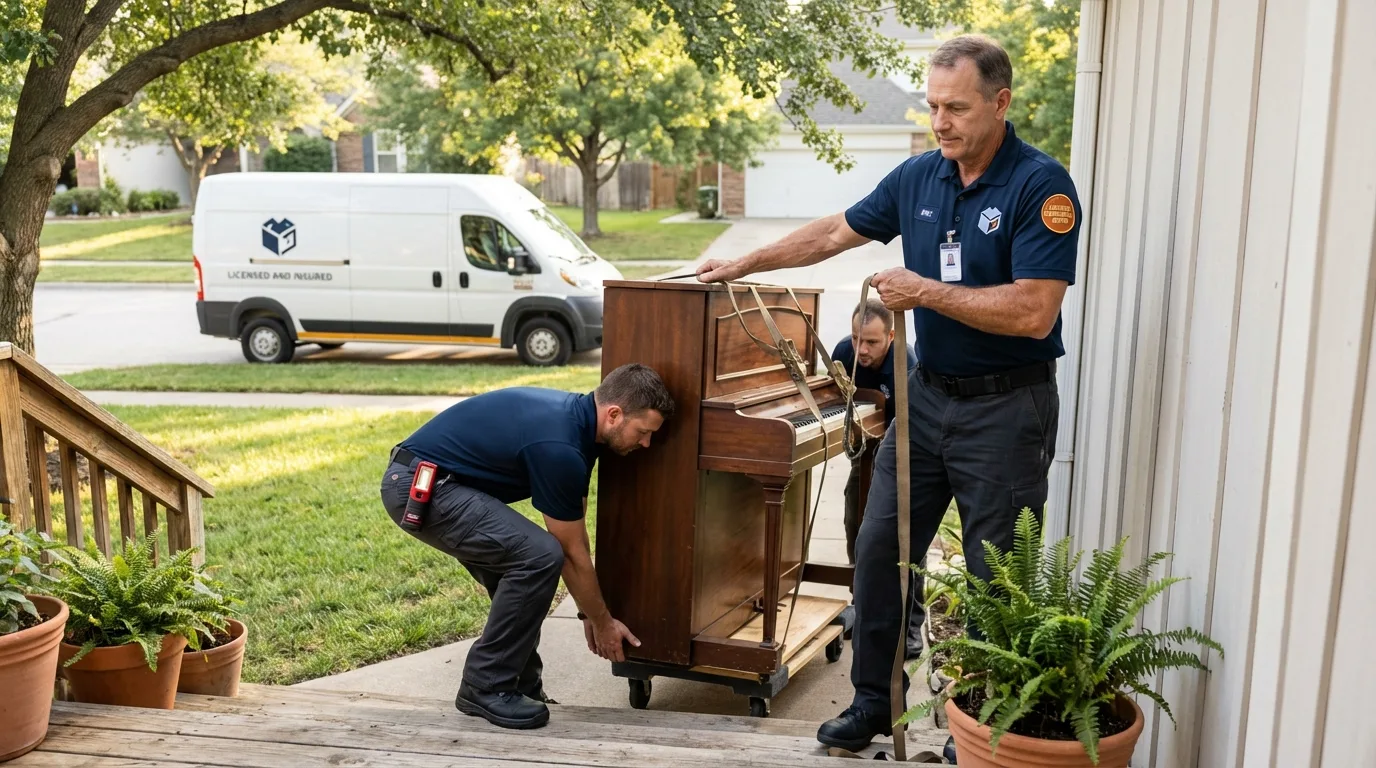 Licensed piano movers securing grand piano in Troutman, NC