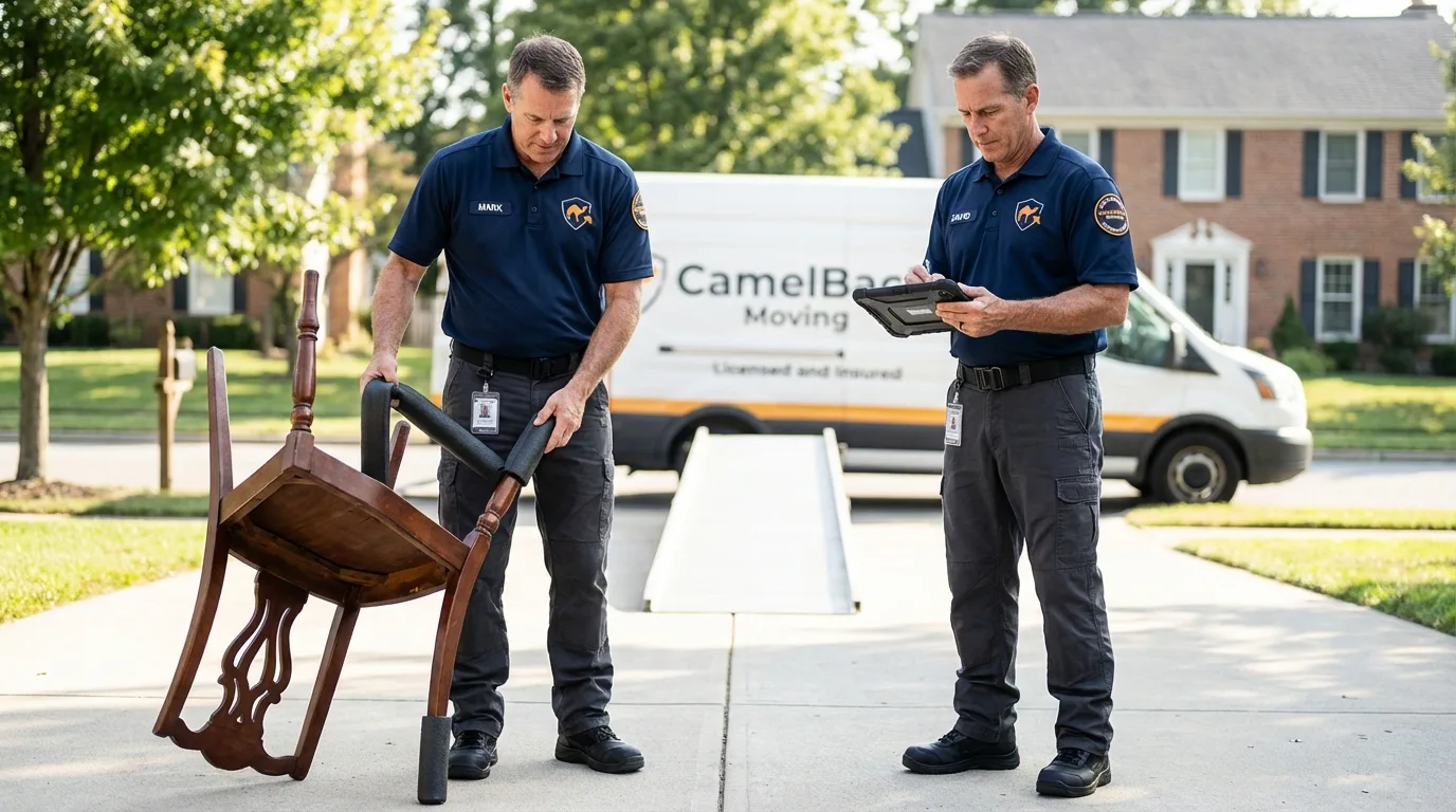 Movers inspecting furniture for damage prevention before loading in Troutman, NC