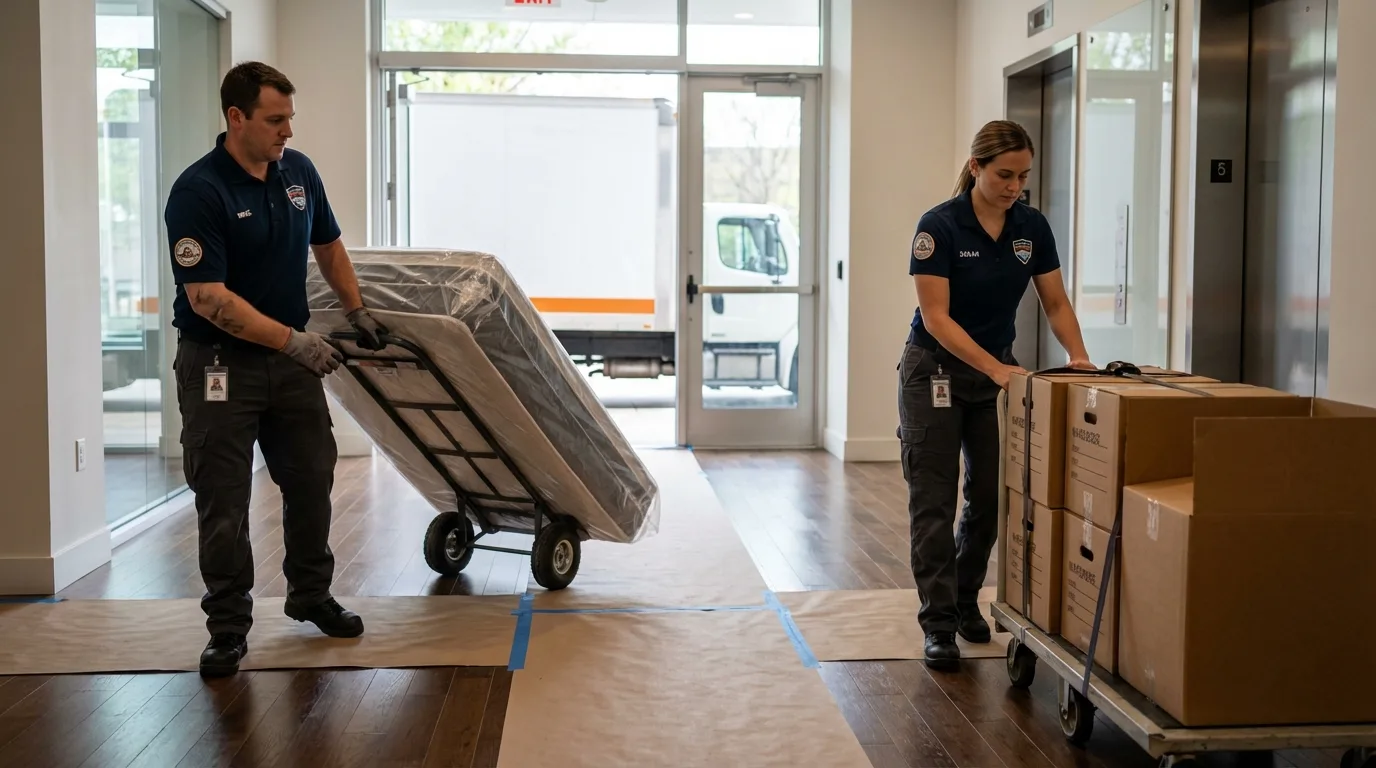 Professional apartment movers loading elevator in Troutman, NC
